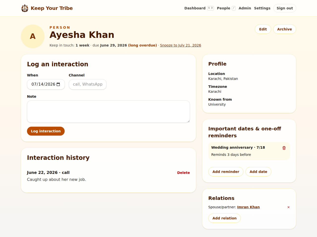 Keep Your Tribe personal contact page with notes, interaction history, and reminders